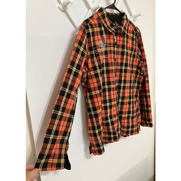 Krazy Kat XL Woman's Halloween Fall Plaid Rhinestone Spider Long Sleeve Shirt - Picture 3 of 10